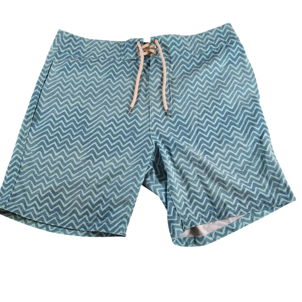 Faherty Brand Mens Teal Chevron Recycled Polyester Board Shorts Swim Trunks 33